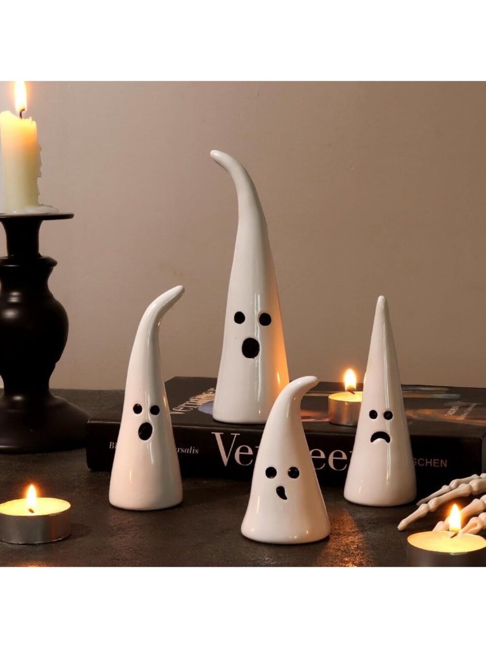 4pc Ceramic Ghost Figurine with Witch Hat Halloween Farmhouse Tiered Tray Decor - Picture 3 of 6